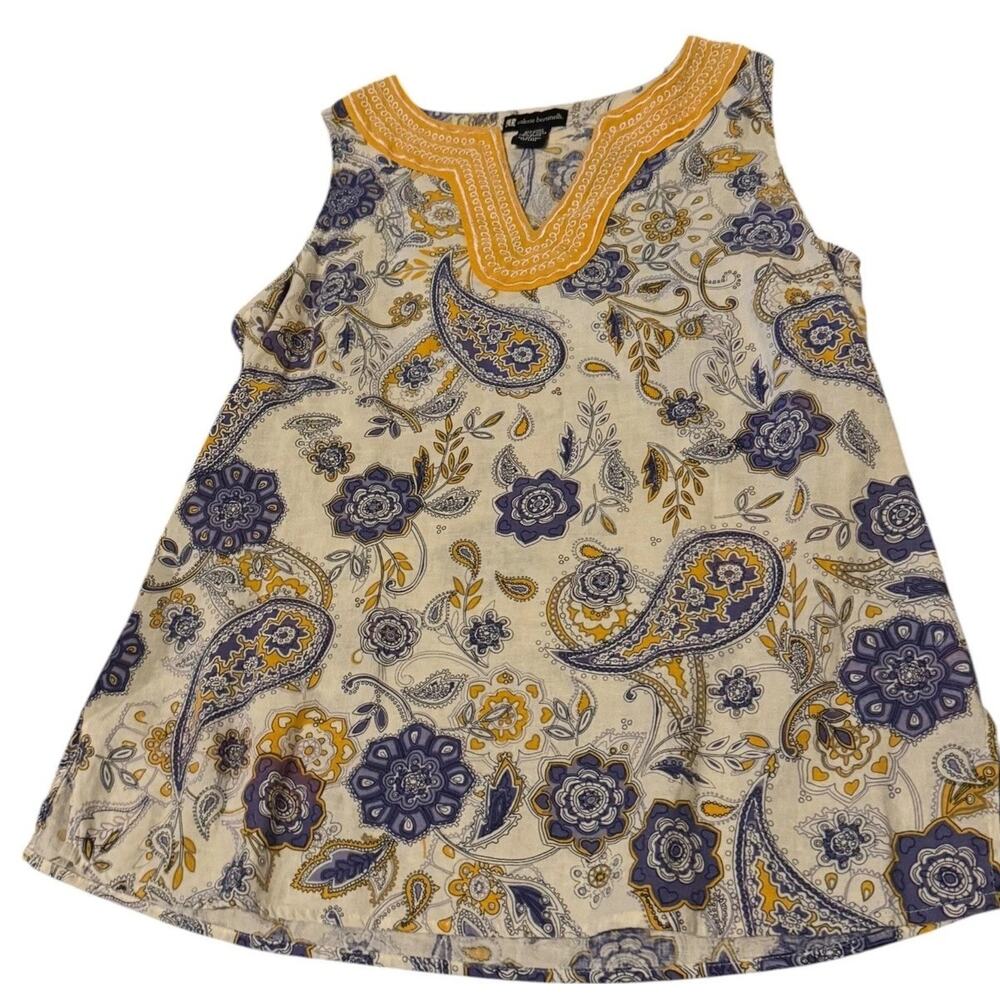 Valerie Bertinelli Linen Rayon Paisley Floral V-Neck Sleeveless Top Womens Large
